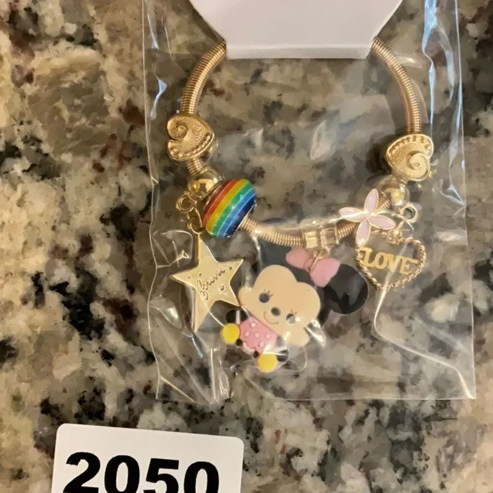 2050 Mini Mouse Gold Or Silver Kids Stretchy Charm Bracelet